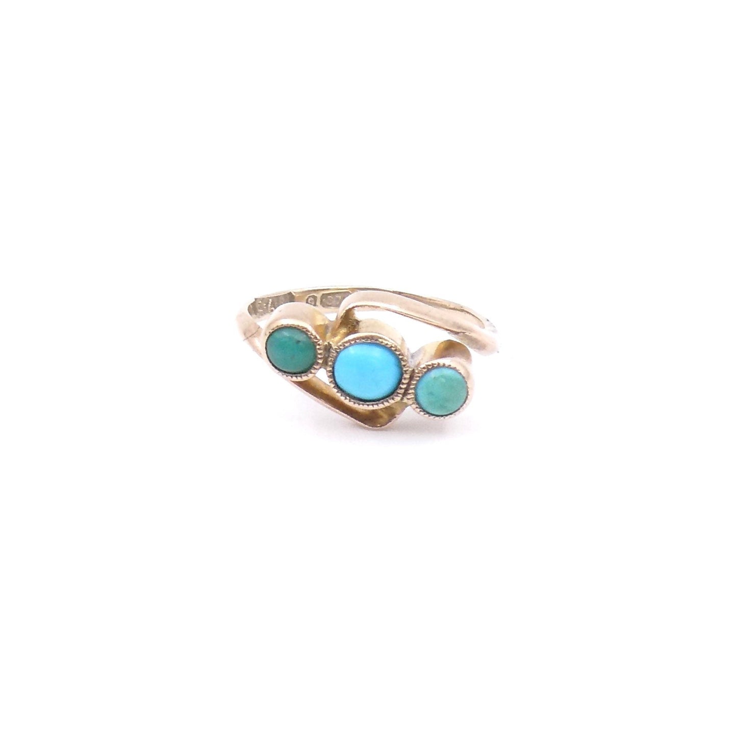 Three stone turquoise ring with a rose tone to the gold and a twist design, very small baby finger ring. - Collected