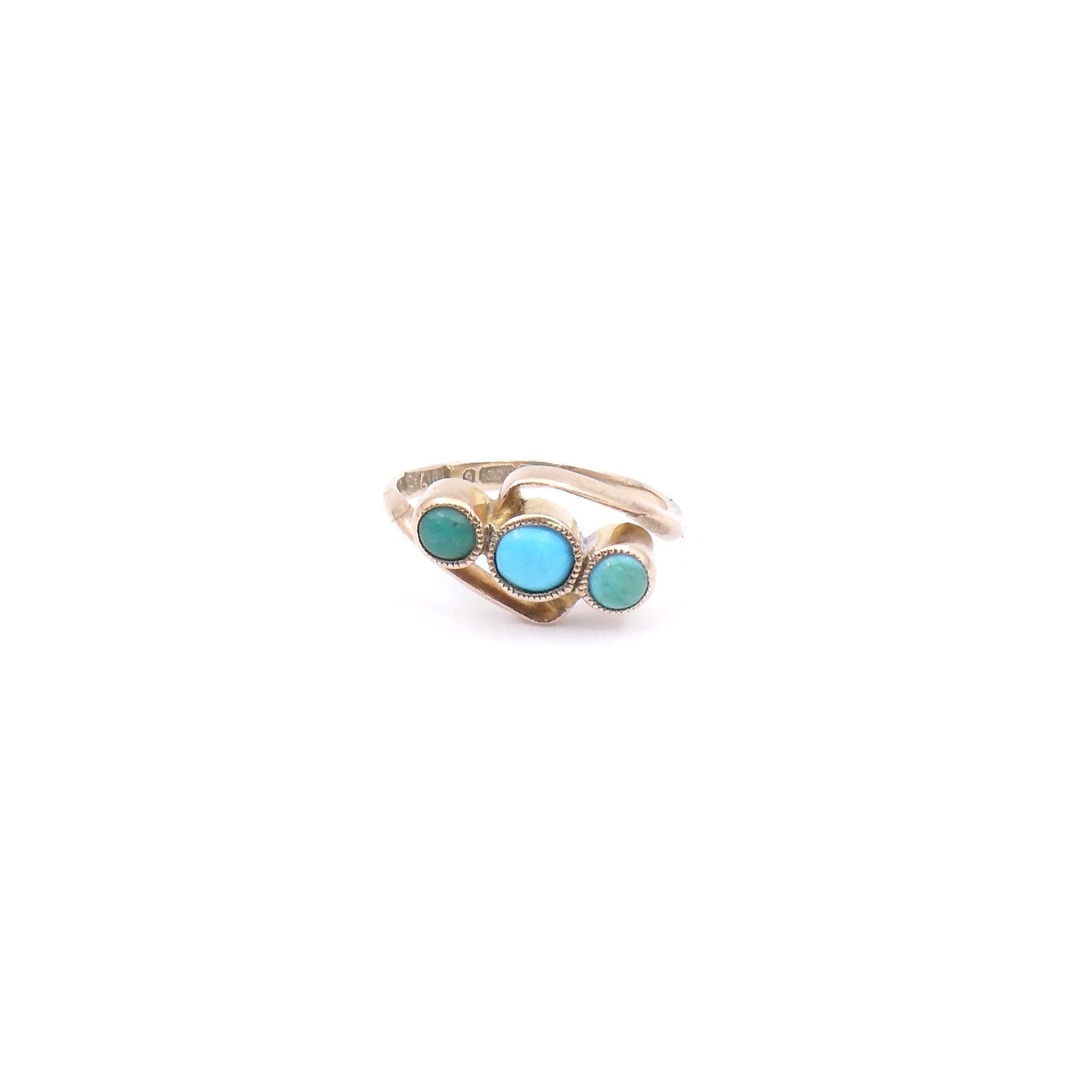 Three stone turquoise ring with a rose tone to the gold and a twist design, very small baby finger ring. - Collected