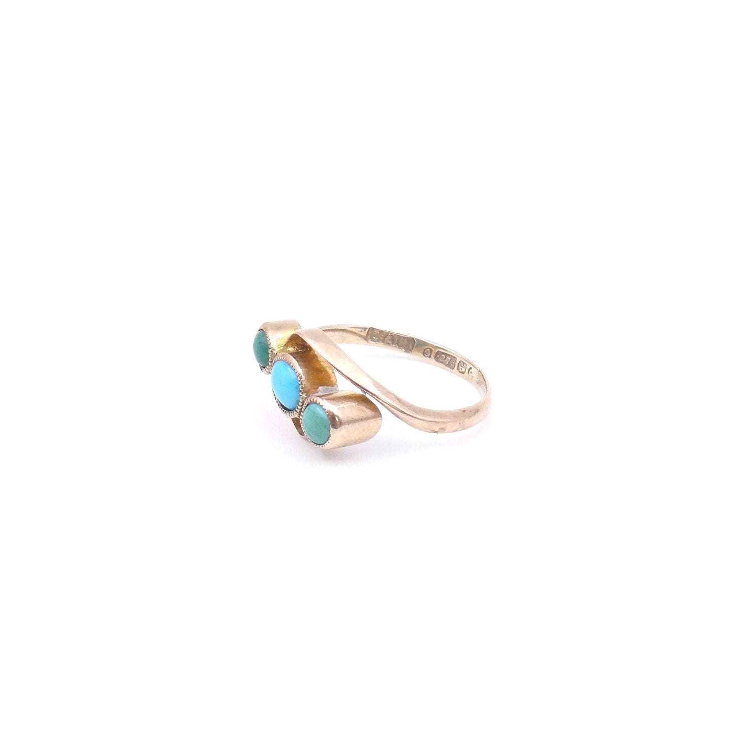 Three stone turquoise ring with a rose tone to the gold and a twist design, very small baby finger ring. - Collected