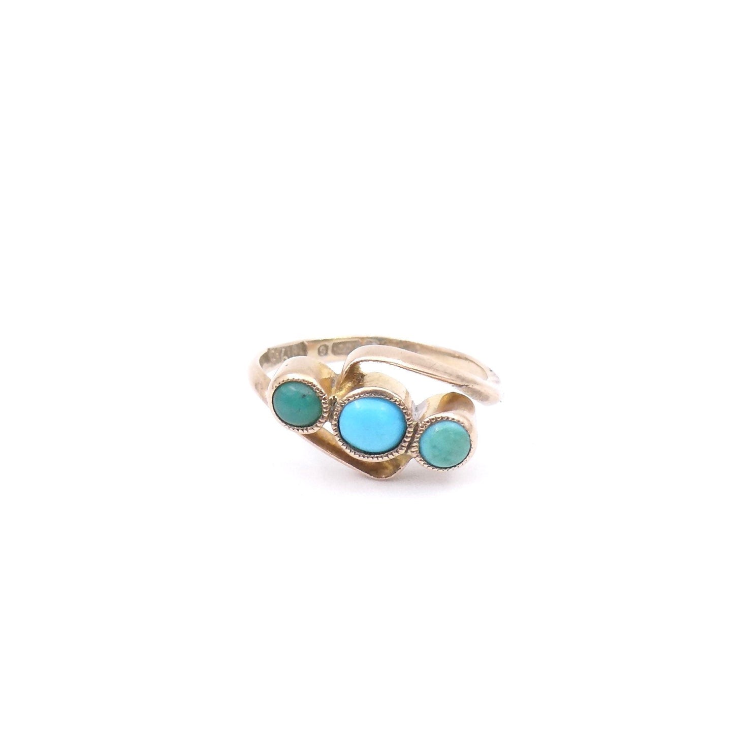 Three stone turquoise ring with a rose tone to the gold and a twist design, very small baby finger ring. - Collected