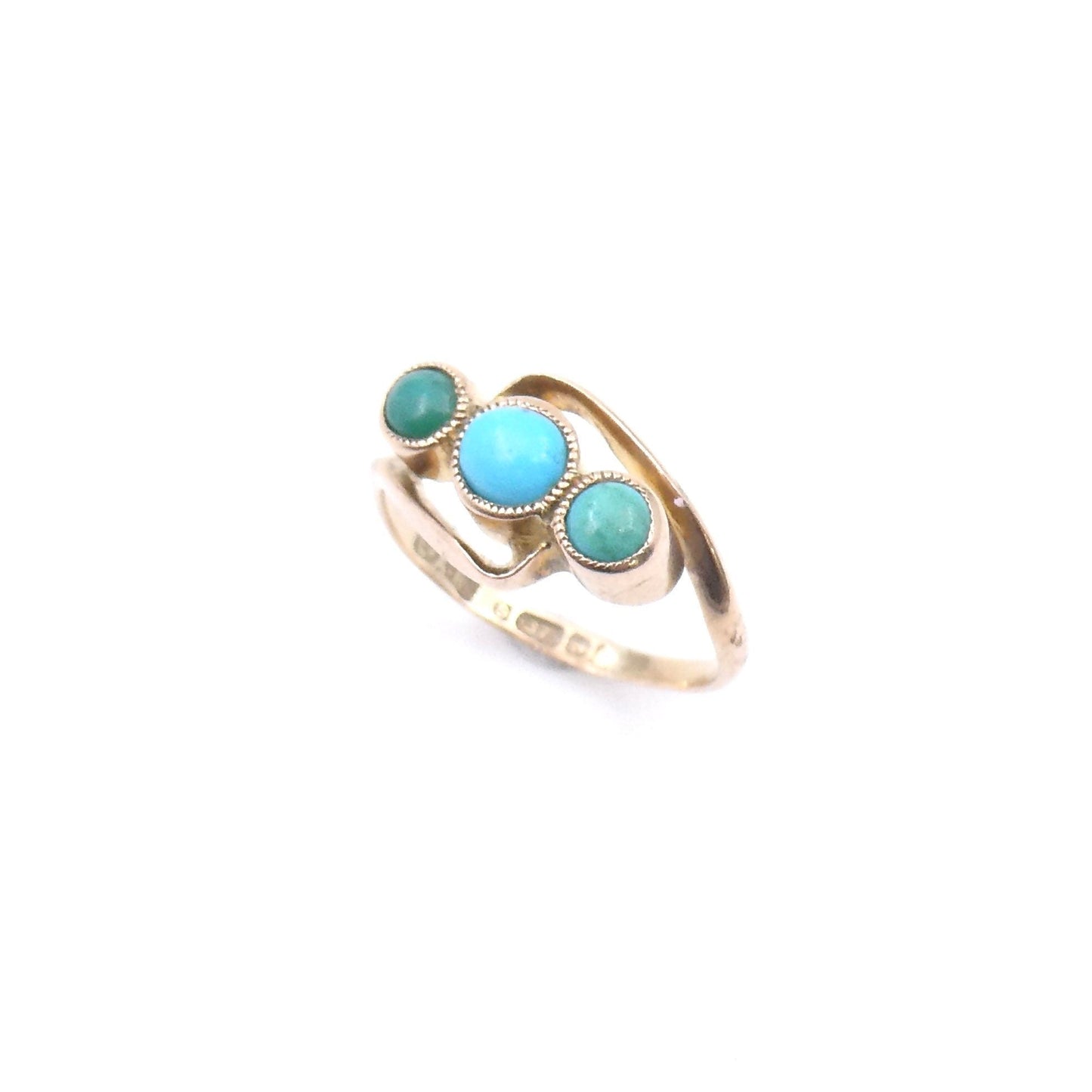 Three stone turquoise ring with a rose tone to the gold and a twist design, very small baby finger ring. - Collected
