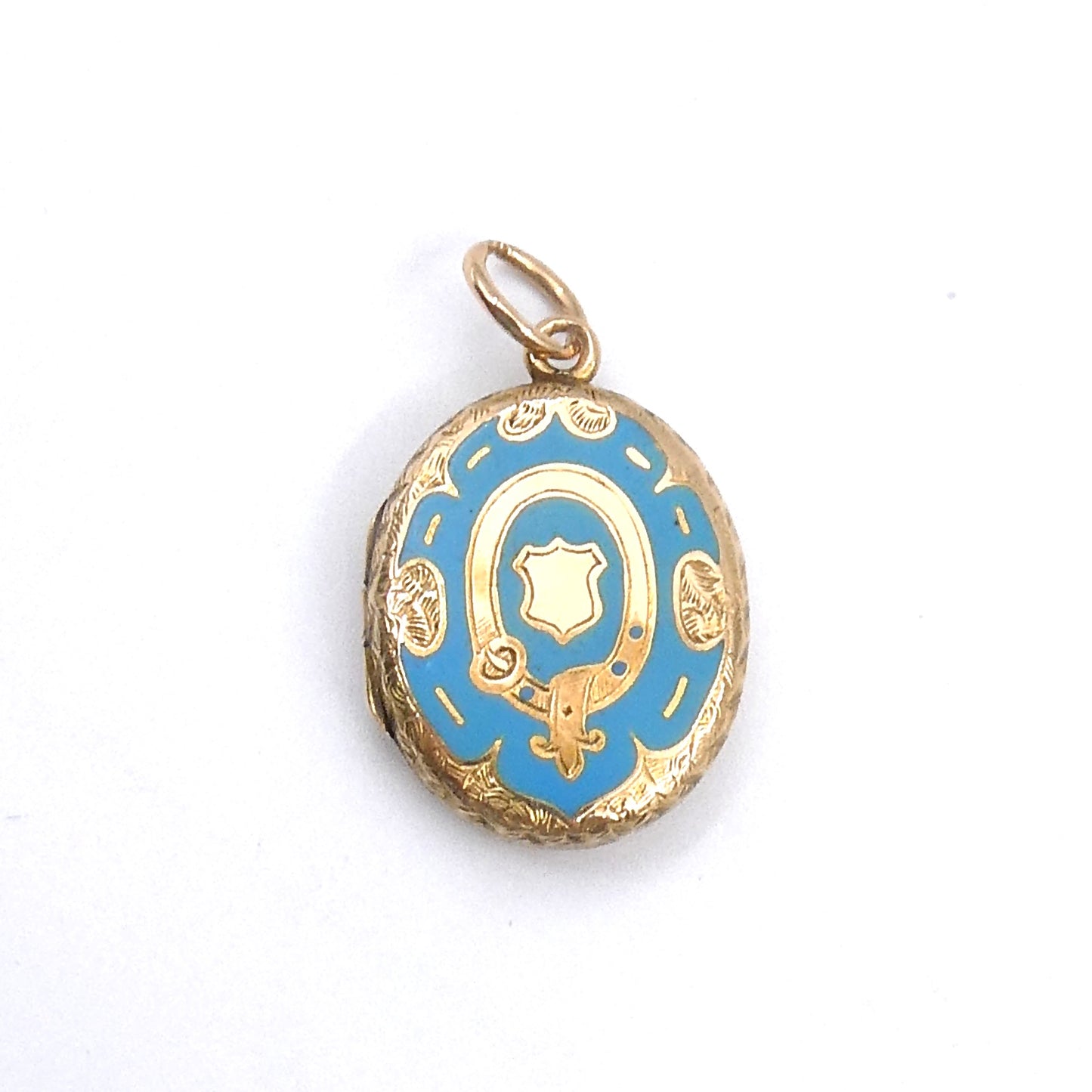 Antique Enamel Locket with blue enamel, within a victorian pattern of a belt & shield