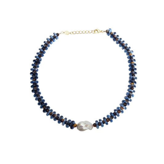 Wave Necklace in Blue glass and Tiger's Eye