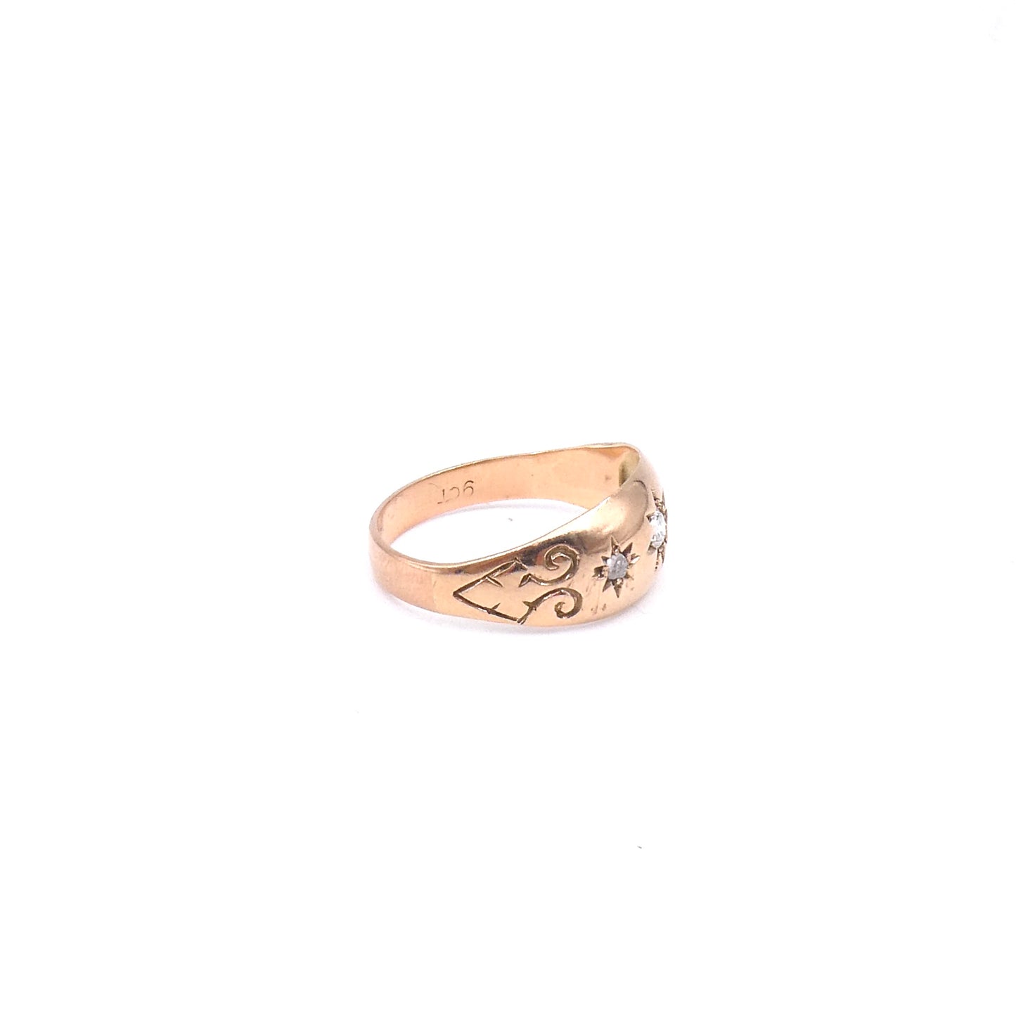 Vintage diamond gypsy ring star set, 9kt rose gold with engraved shoulders.