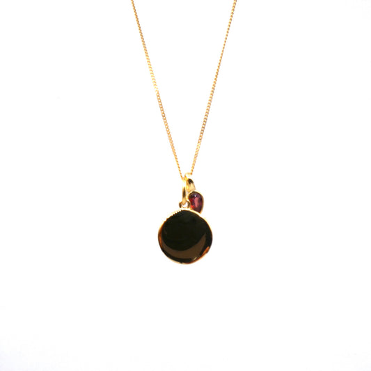 Gold Disc pendant with a Garnet Charm, January Birthstone.