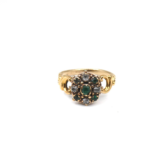 Antique emerald diamond ring with ornate shoulders, beautifully proportioned ornate ring.