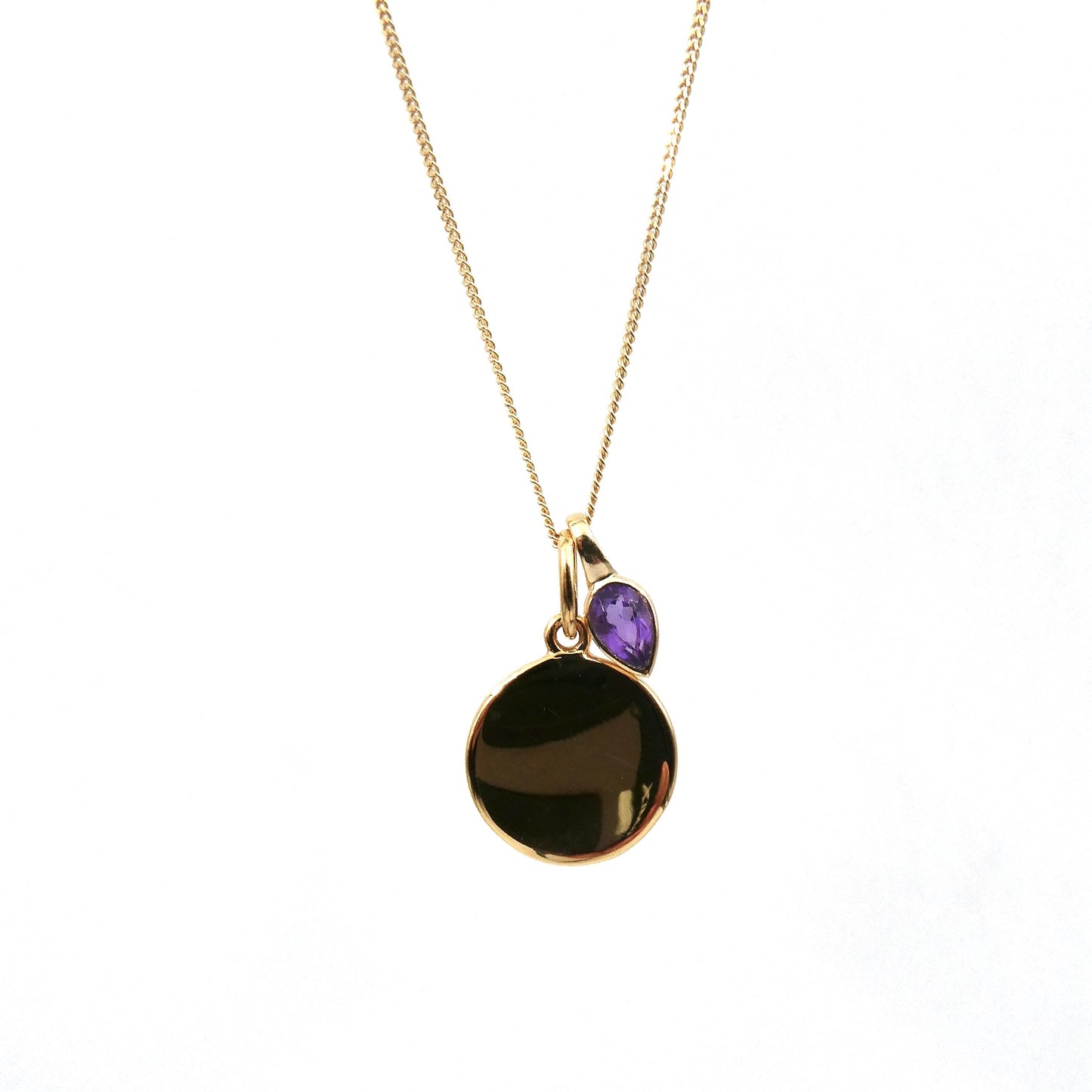 Gold Disc Pendant with an Amethyst charm for a February Birthday