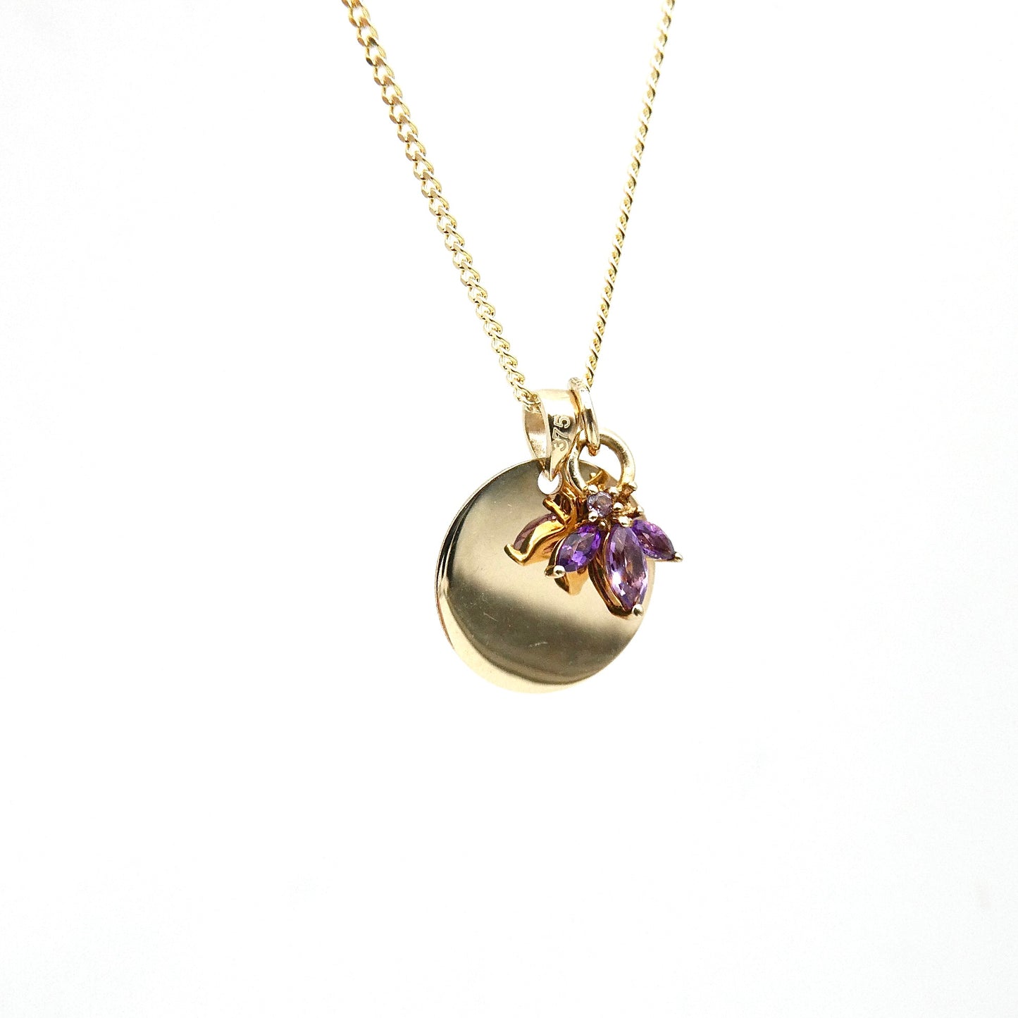 Disc Pendant with a 9kt gold Amethyst bud charm.