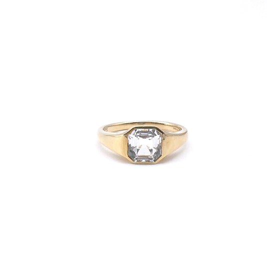 An Assher cut white topaz ring set in 9kt gold, a new clean contemporary ring.