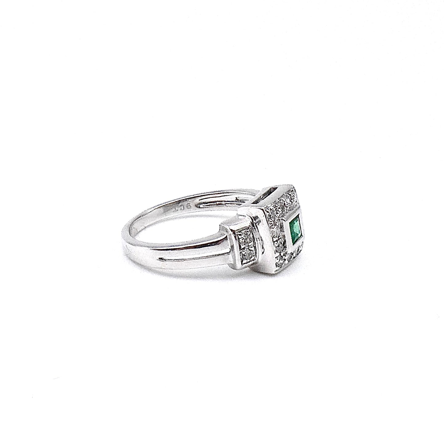 Art deco style Emerald and Diamond white gold ring, geometric style.