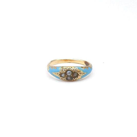 An antique blue enamel, gold and pearl ring, a beautiful antique ring with textured gold work.