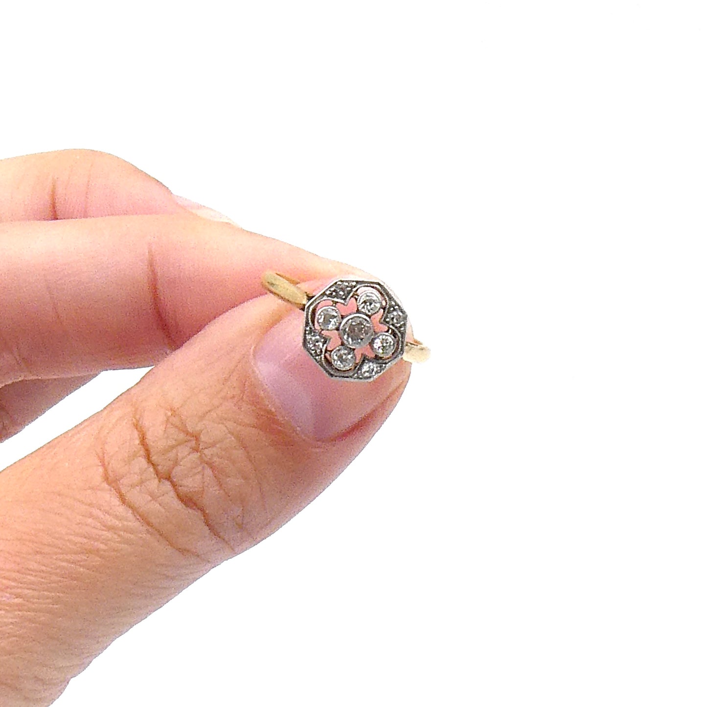 Art deco Octagon ring 18kt gold with diamonds.