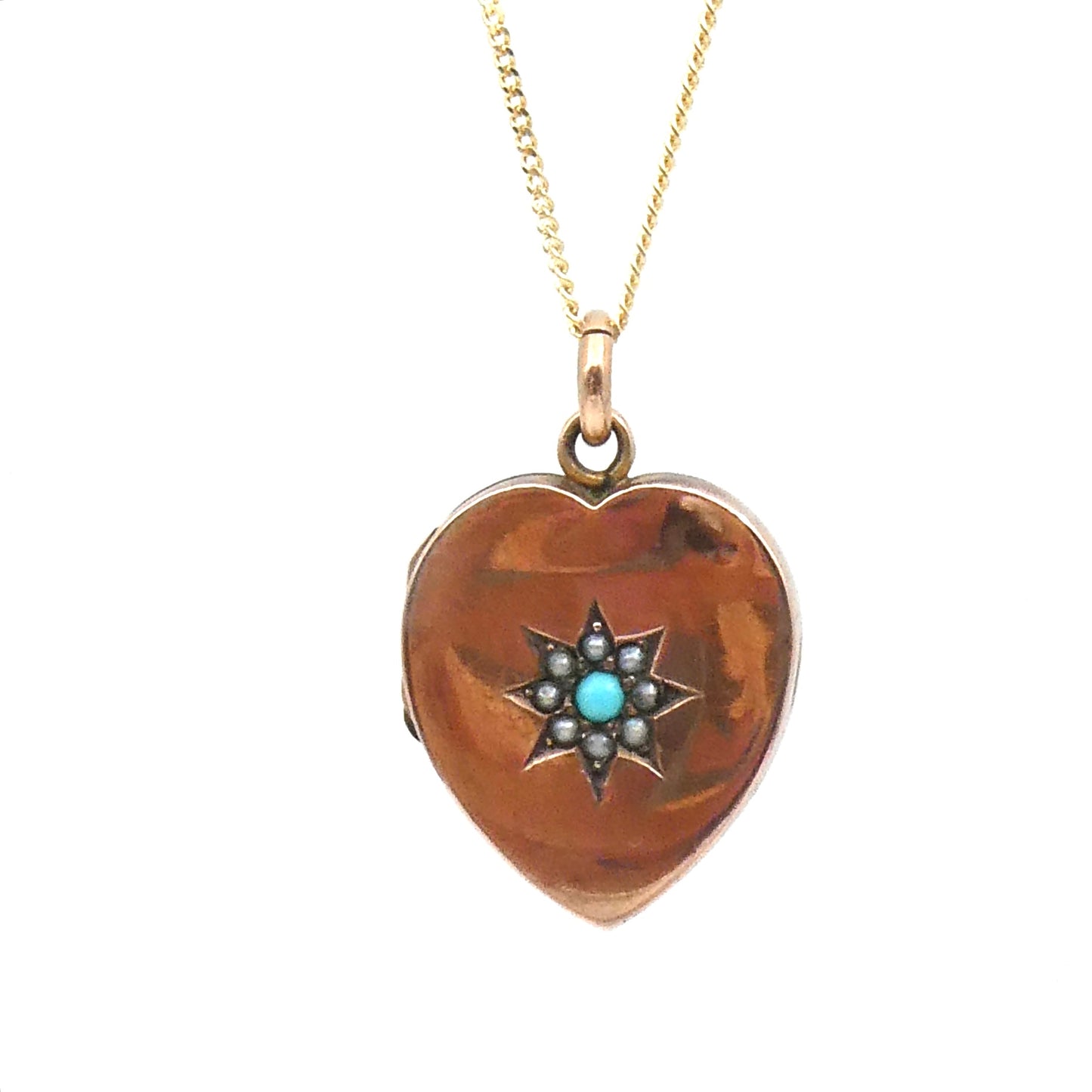 Antique Heart Locket and a turquoise and split pearl star set motif, on a 9kt gold chain.