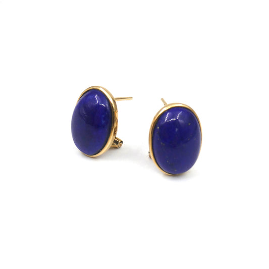 Vintage 9kt gold Lapis Lazuli Earrings, beautiful deep blue oval Earrings.