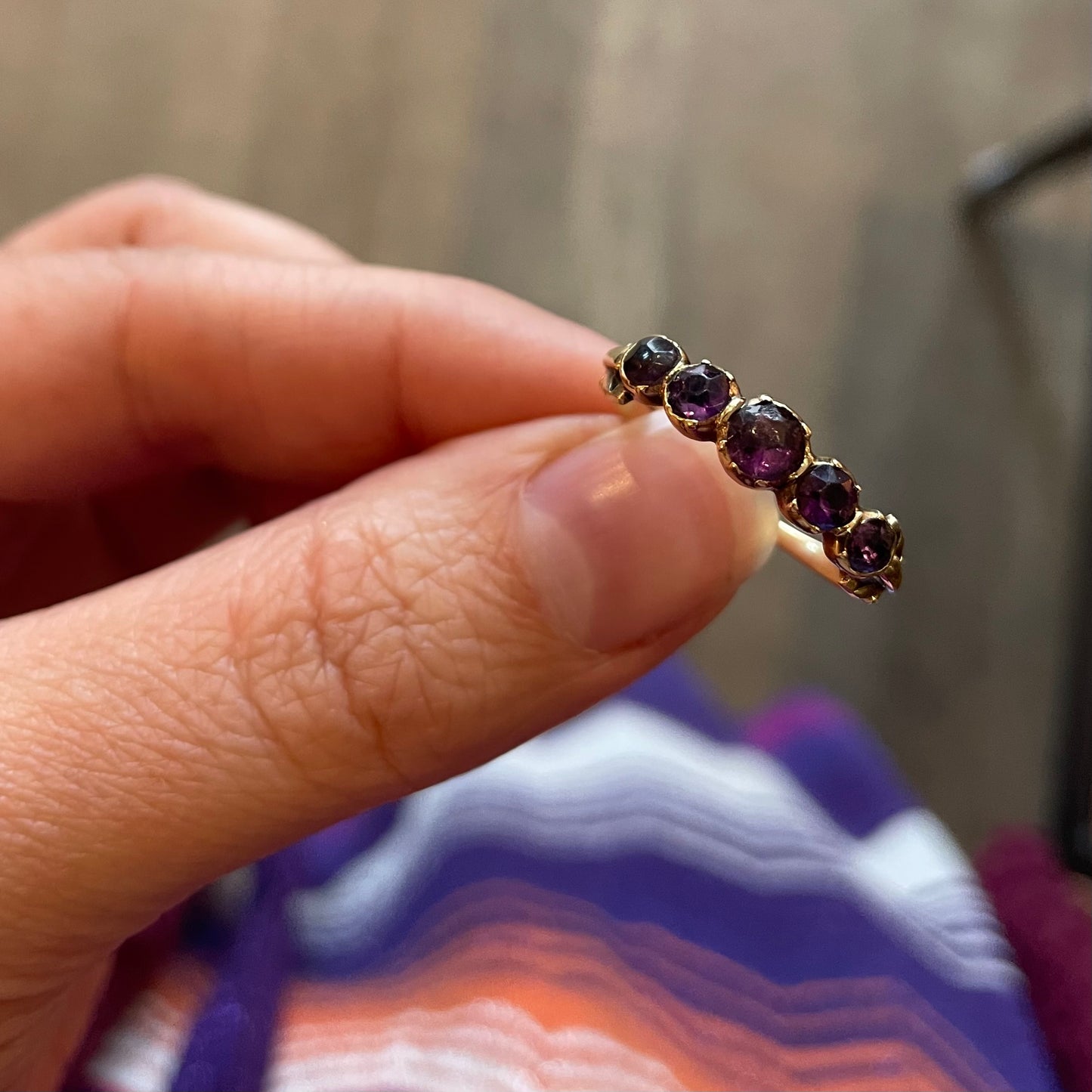An antique five stone Amethyst band, a late Georgian Ring