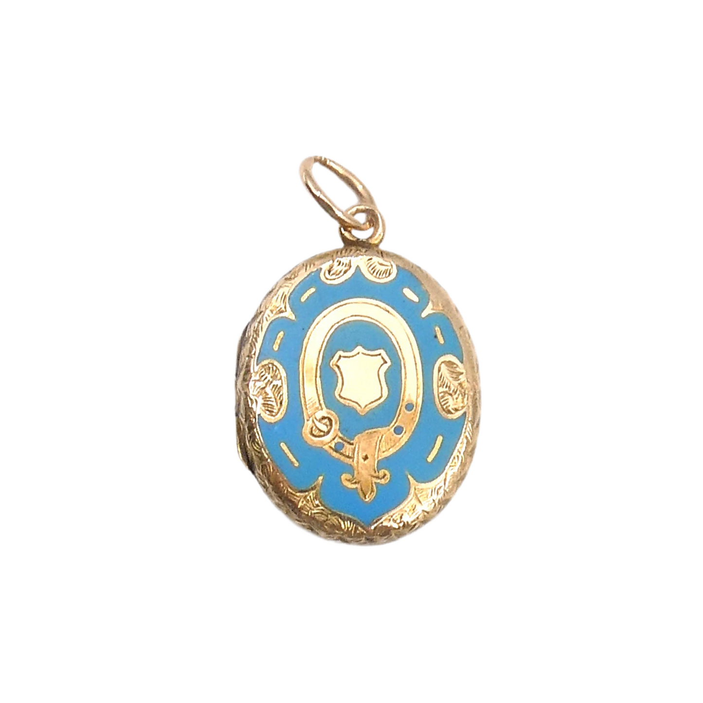 Antique Enamel Locket with blue enamel, within a victorian pattern of a belt & shield