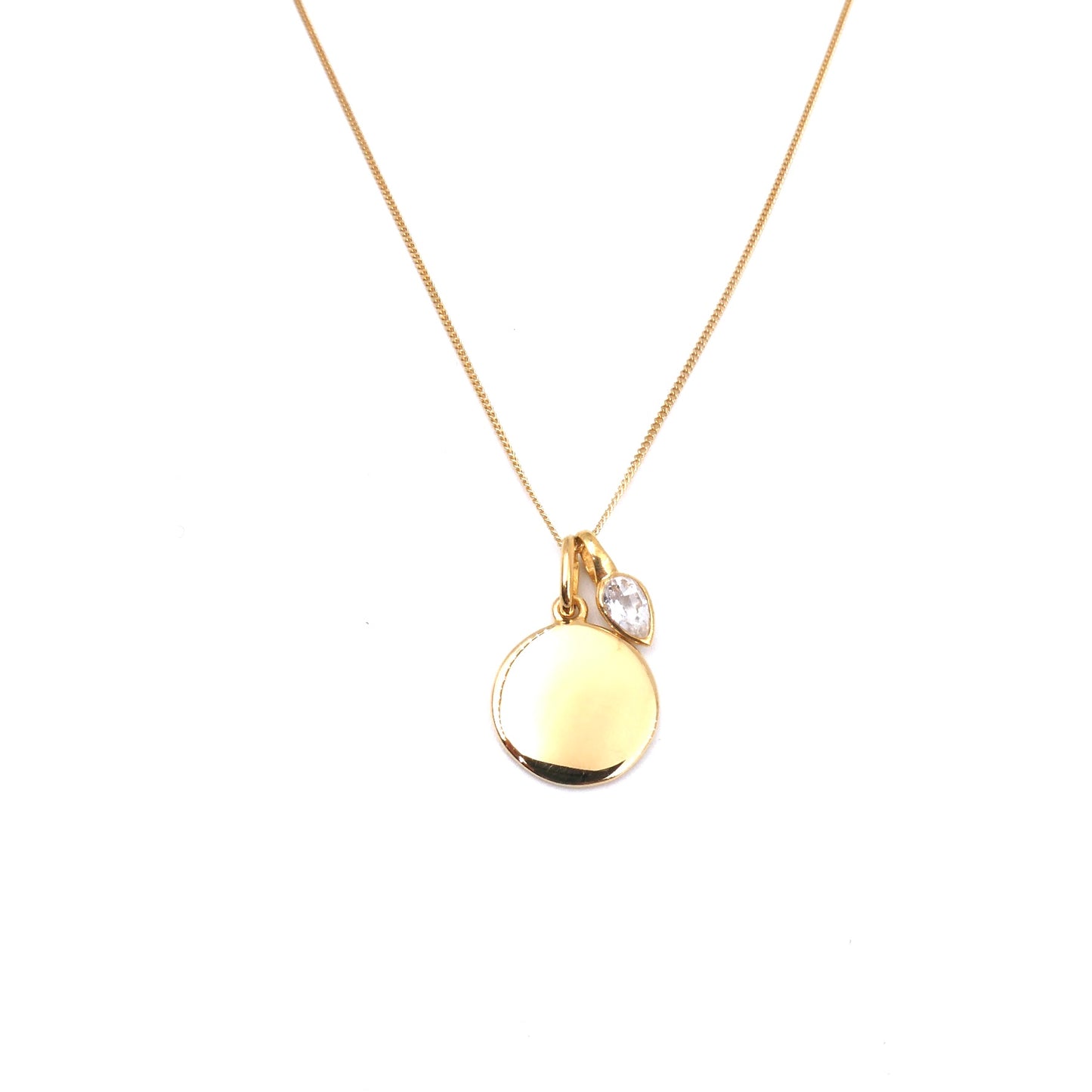 Gold disc necklace with a white topaz charm, for an April Birthday