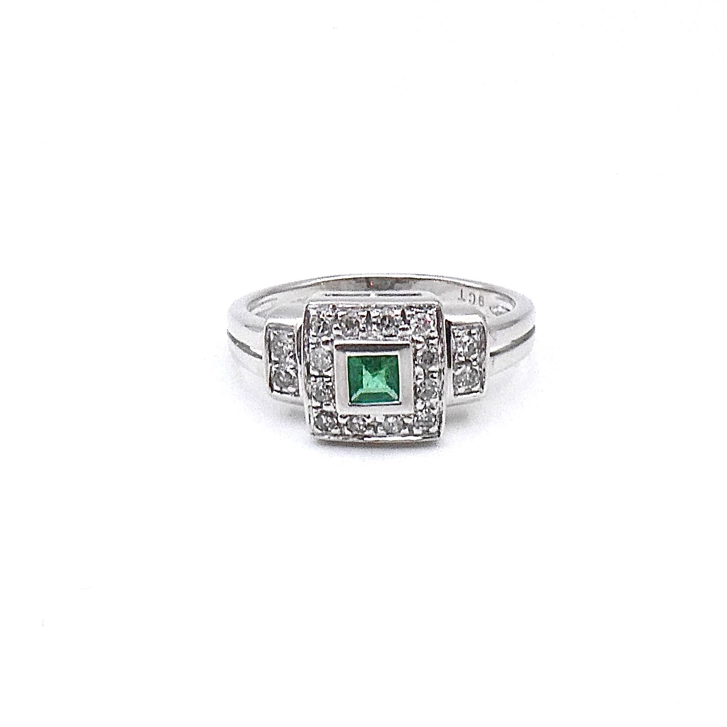 Art deco style Emerald and Diamond white gold ring, geometric style.