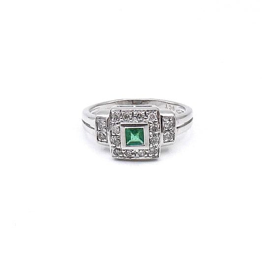 Art deco style Emerald and Diamond white gold ring, geometric style.