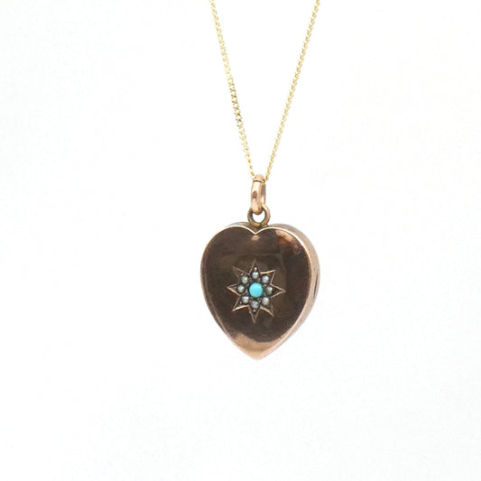 Antique Heart Locket and a turquoise and split pearl star set motif, on a 9kt gold chain.