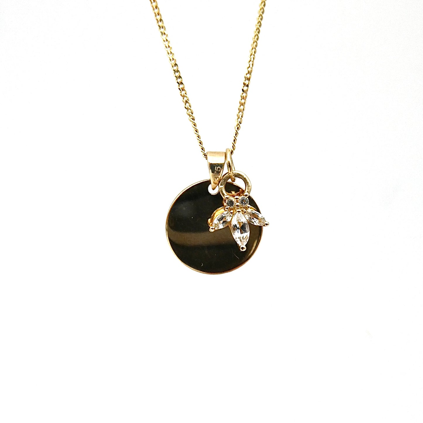 Gold Disc Pendant with a 9kt gold and white Topaz charm