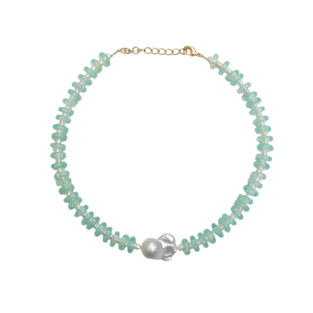 Wave Necklace in Mint Glass and Pearls