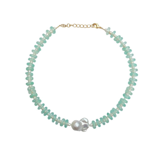Wave Necklace in Mint Glass and Pearls
