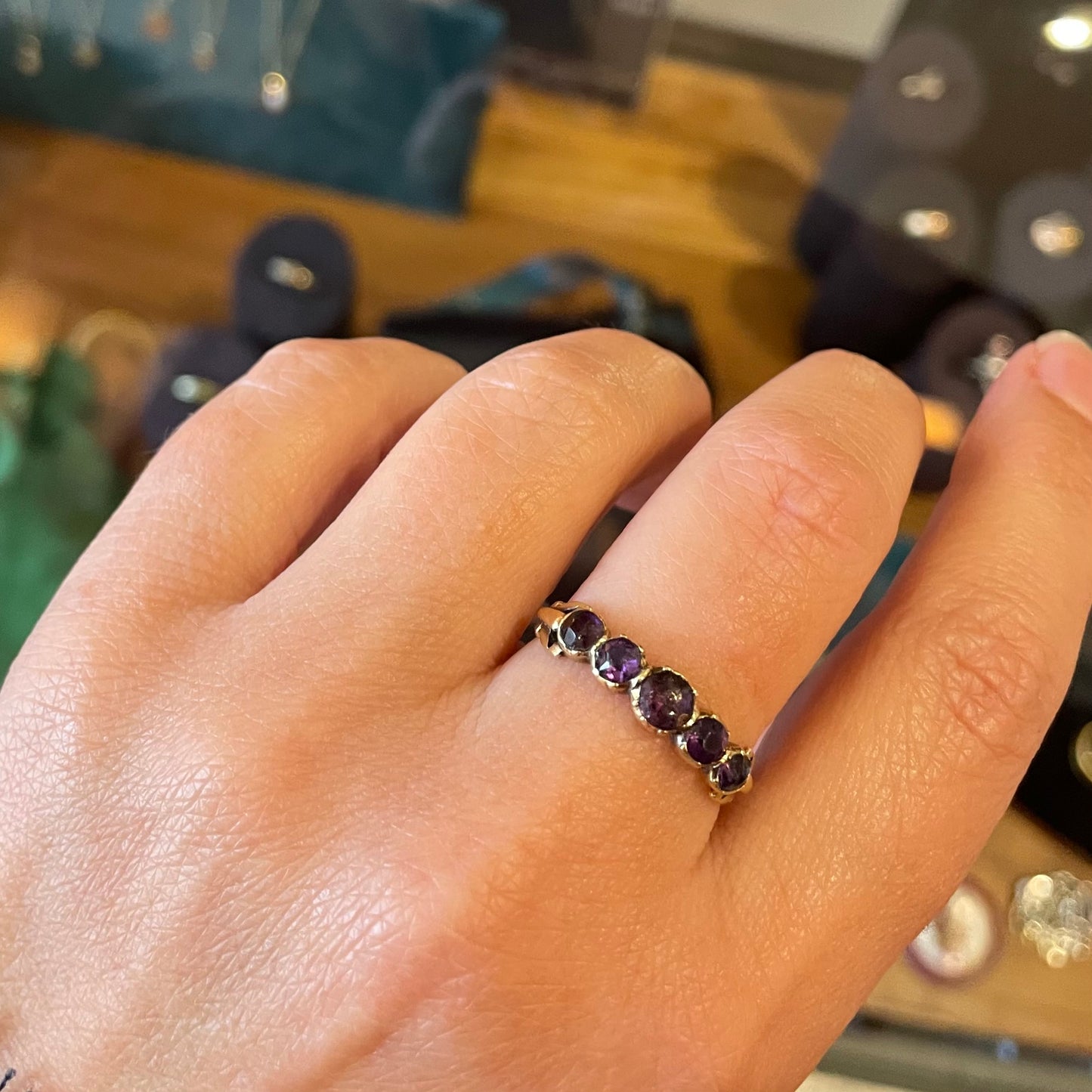 An antique five stone Amethyst band, a late Georgian Ring