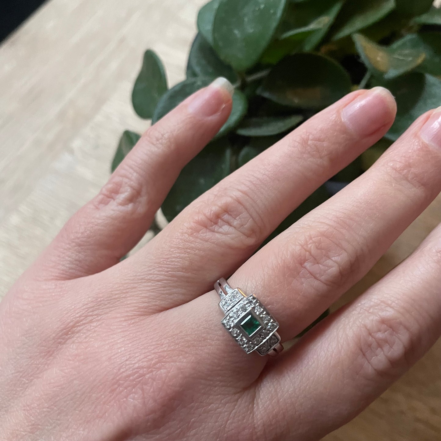 Art deco style Emerald and Diamond white gold ring, geometric style.