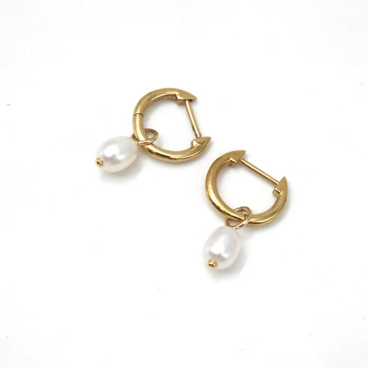 9kt gold huggies with pearl drop charms, new contemporary earrings