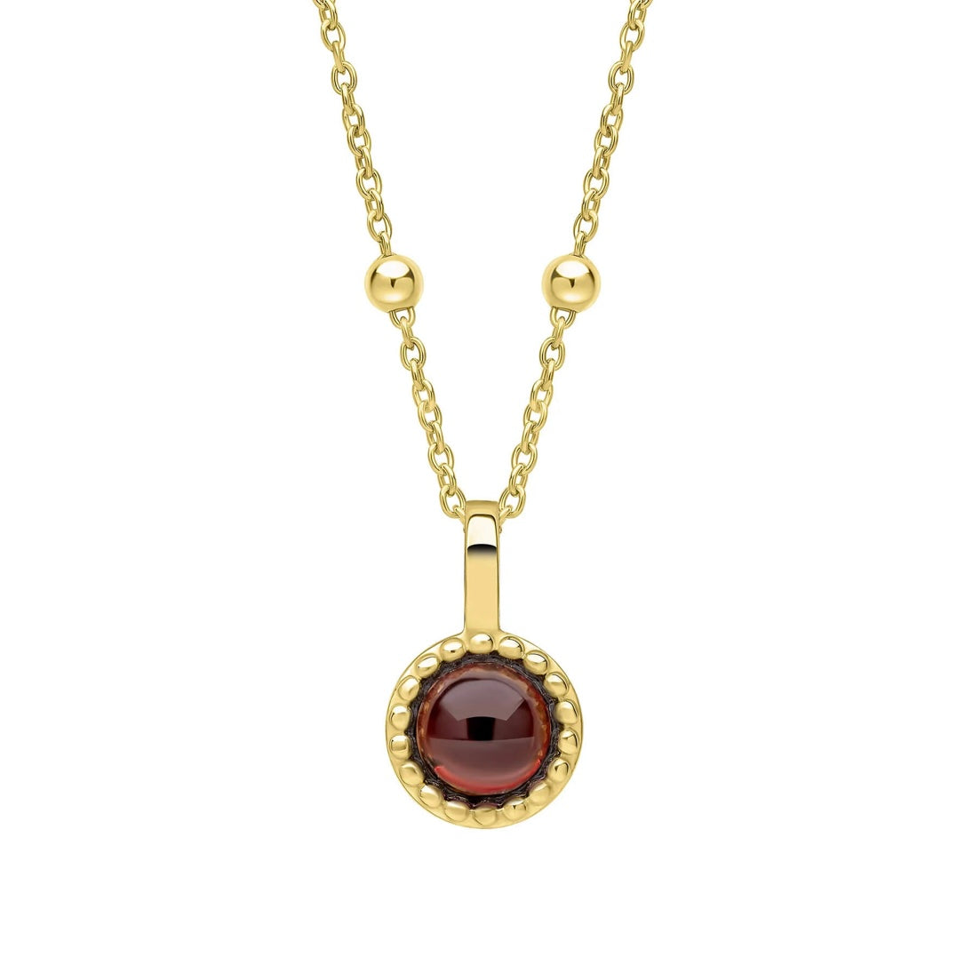 A garnet pendant with a milligrain edge, January Birthstone.