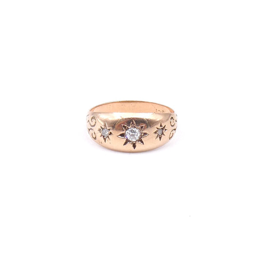 Vintage diamond gypsy ring star set, 9kt rose gold with engraved shoulders.