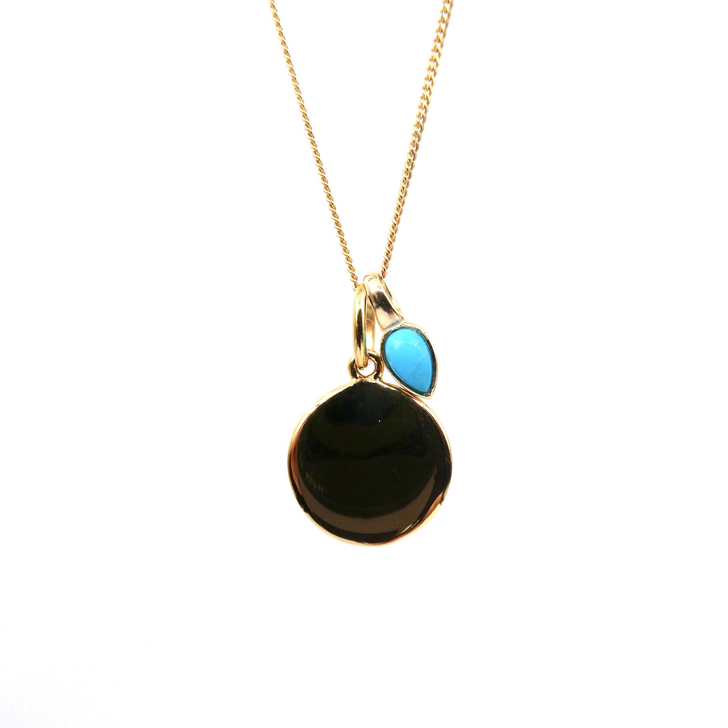 Gold Disc pendant with a Turquoise charm for a December Birthday.