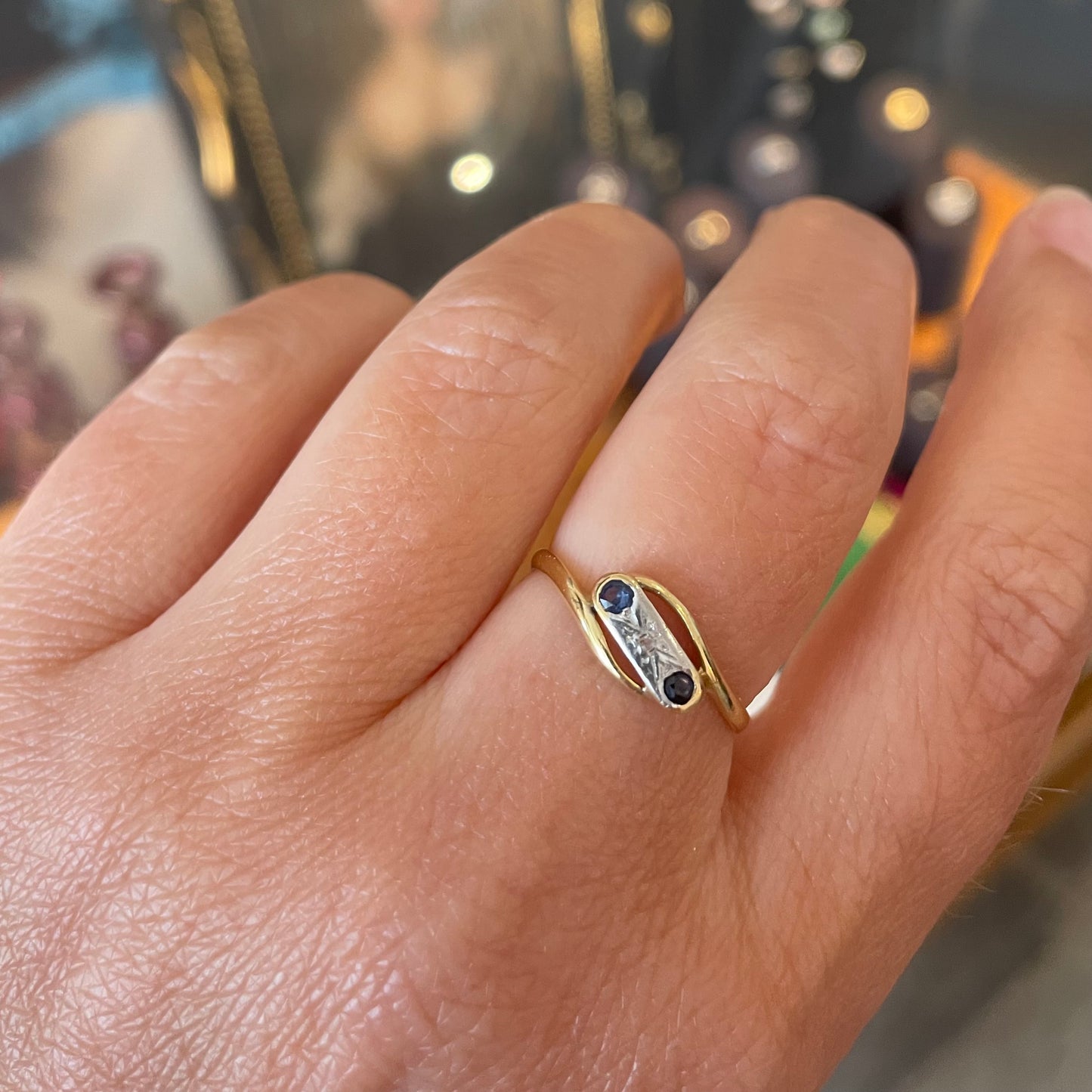 Dainty Mini Art deco Sapphire and diamond ring