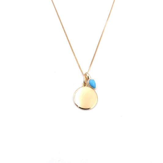 Gold Disc pendant with a Turquoise charm for a December Birthday.