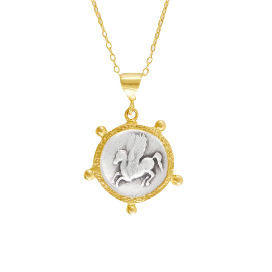 Pegasus Pendant, mixed metals long pendant.