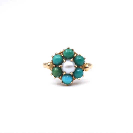 Vintage Turquoise, agate and pearl 9kt gold Ring.