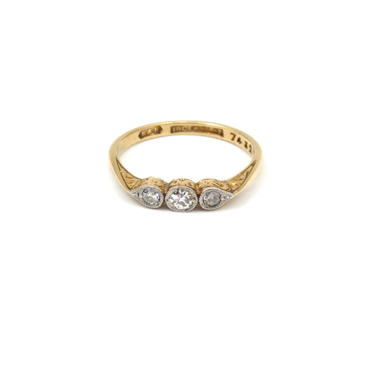 Antique diamond stacking ring, set with two pear diamonds, fine 18kt gold and platinum ring.