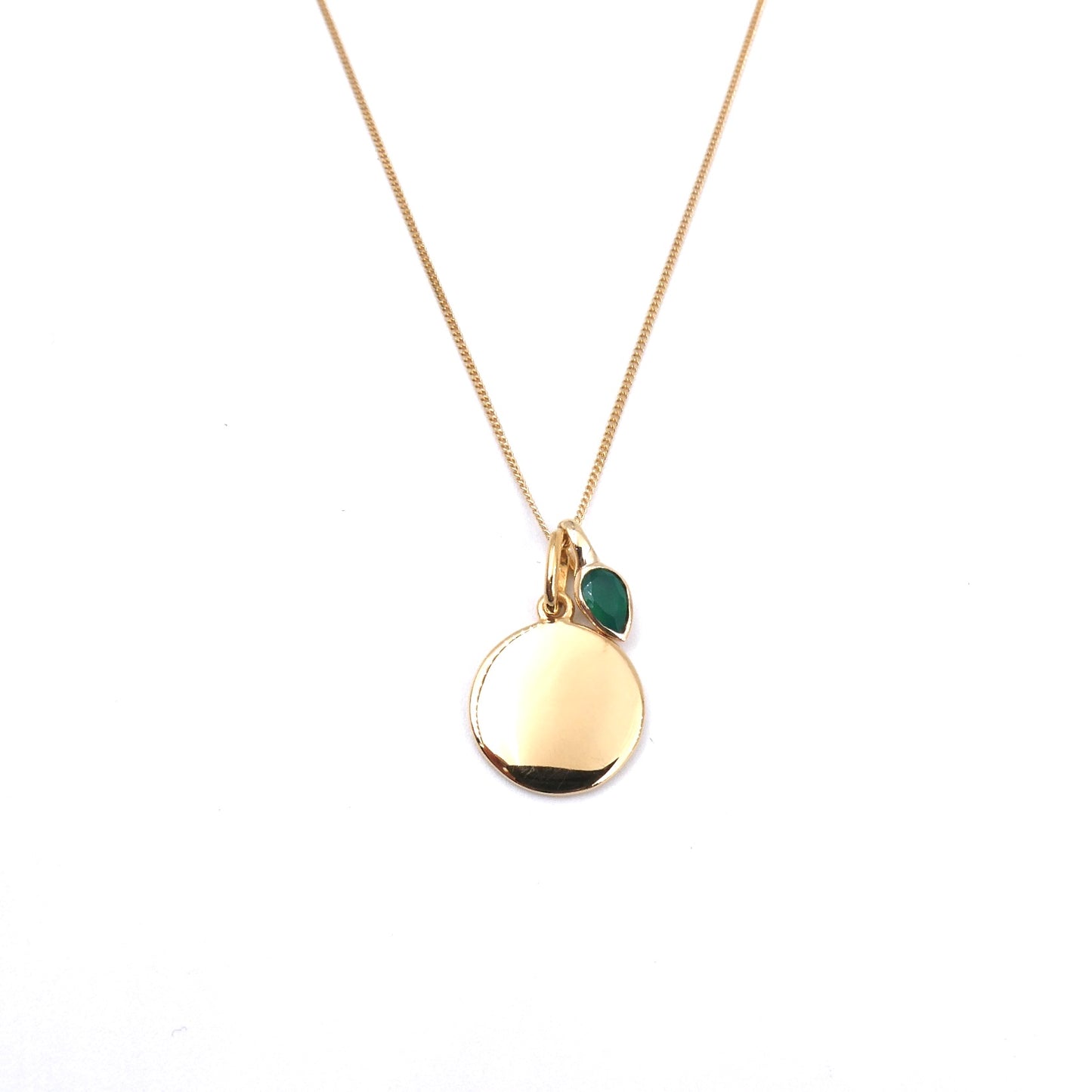 Gold Disc pendant with a Green Chalcedony pendant for a May birthday