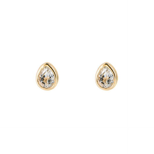 Small pear studs with a white topaz, gold plated on sterling silver.