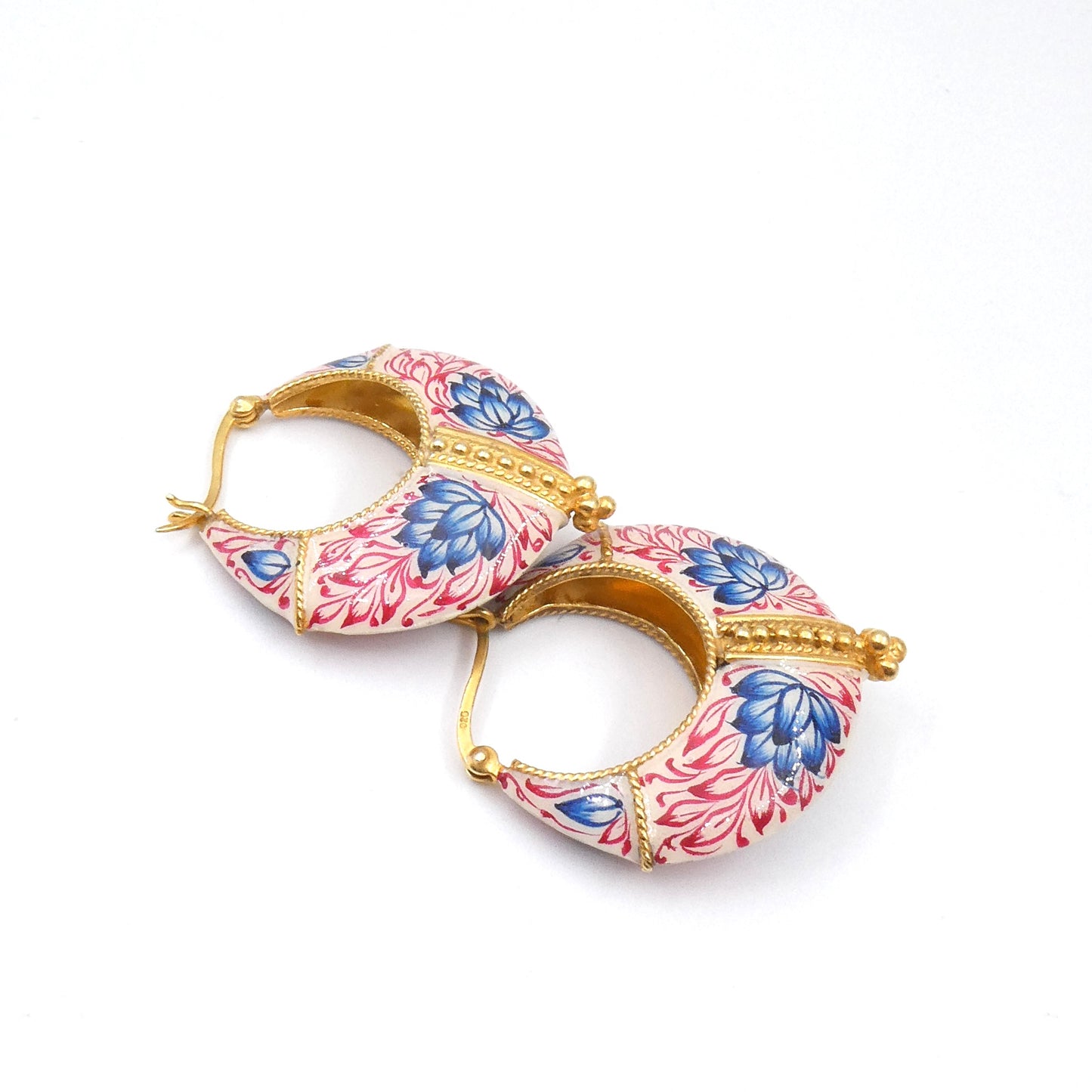 Exquisite Enamelled Hoops with Lotus Flowers