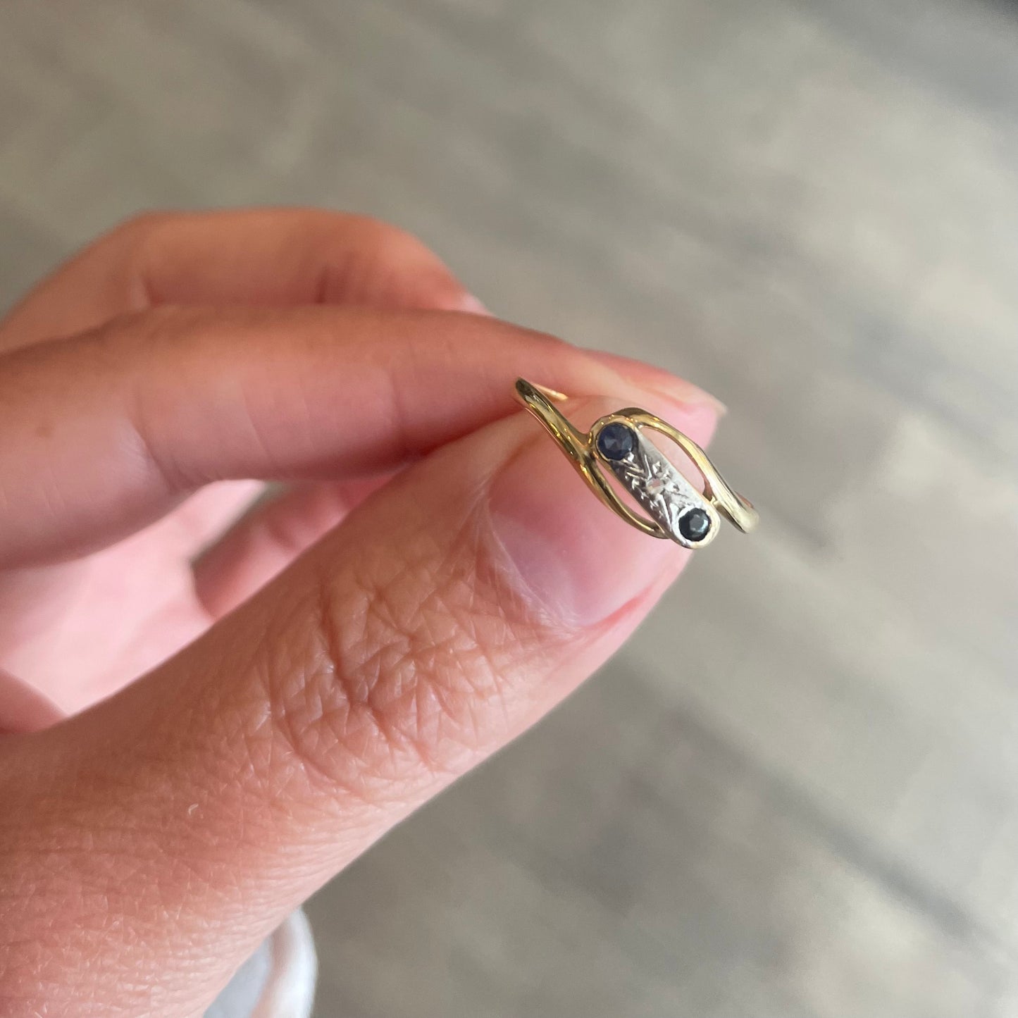 Dainty Mini Art deco Sapphire and diamond ring