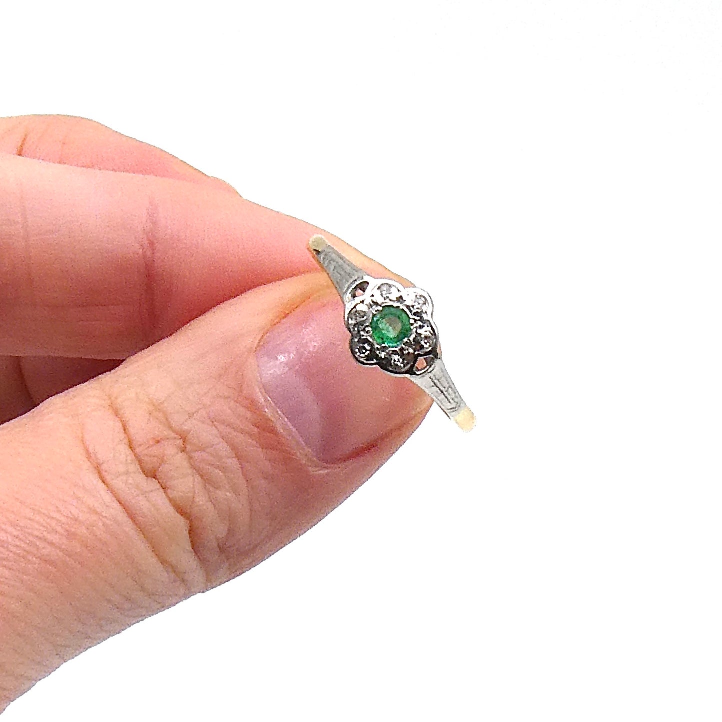 Vintage emerald diamond ring, early 20th century ring.