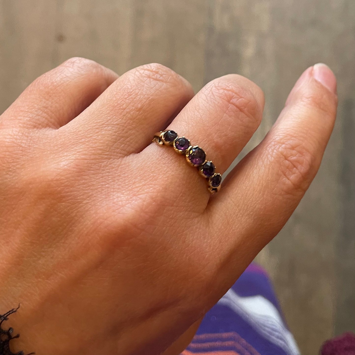 An antique five stone Amethyst band, a late Georgian Ring