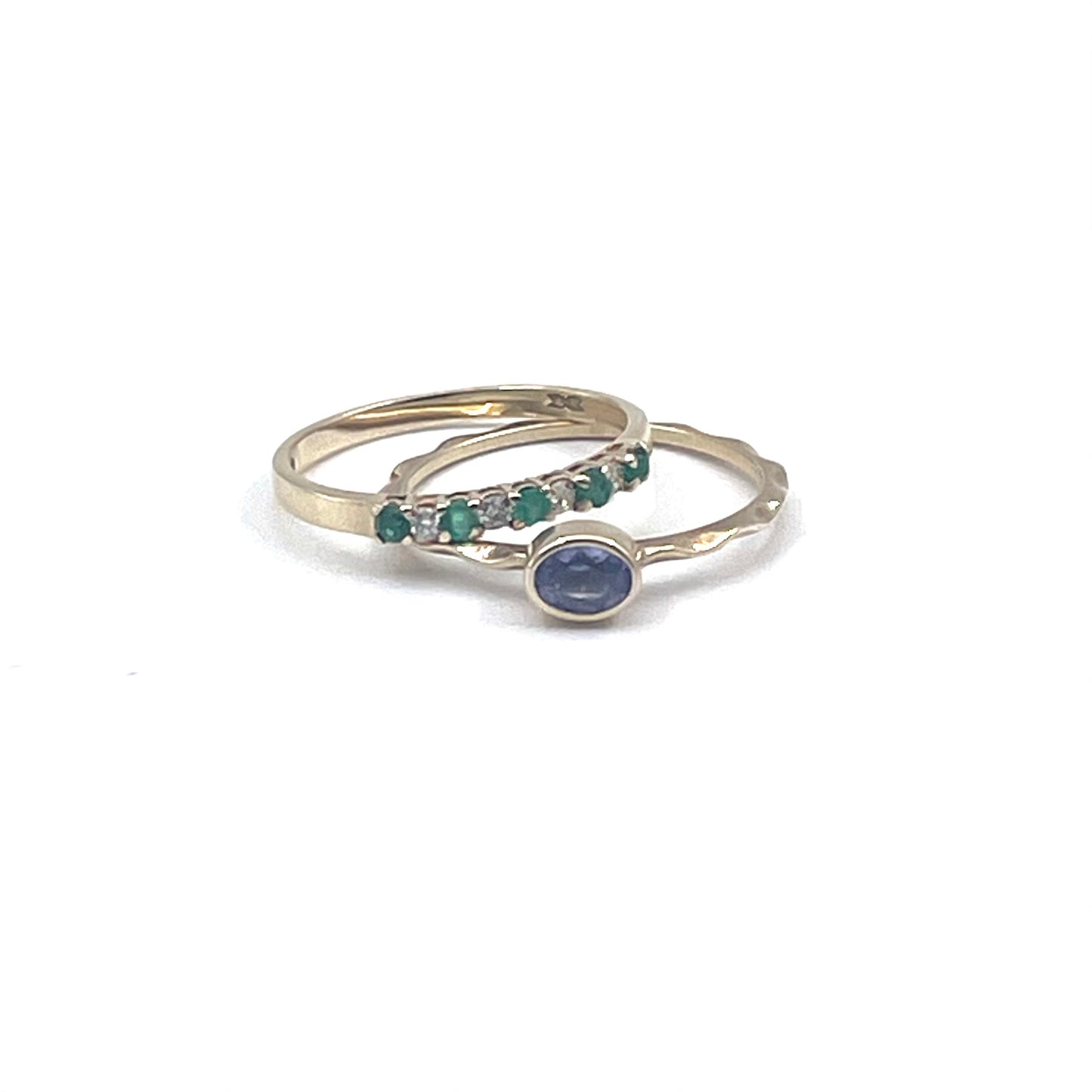 Fine alternating emerald and diamond stacking ring, preowned.