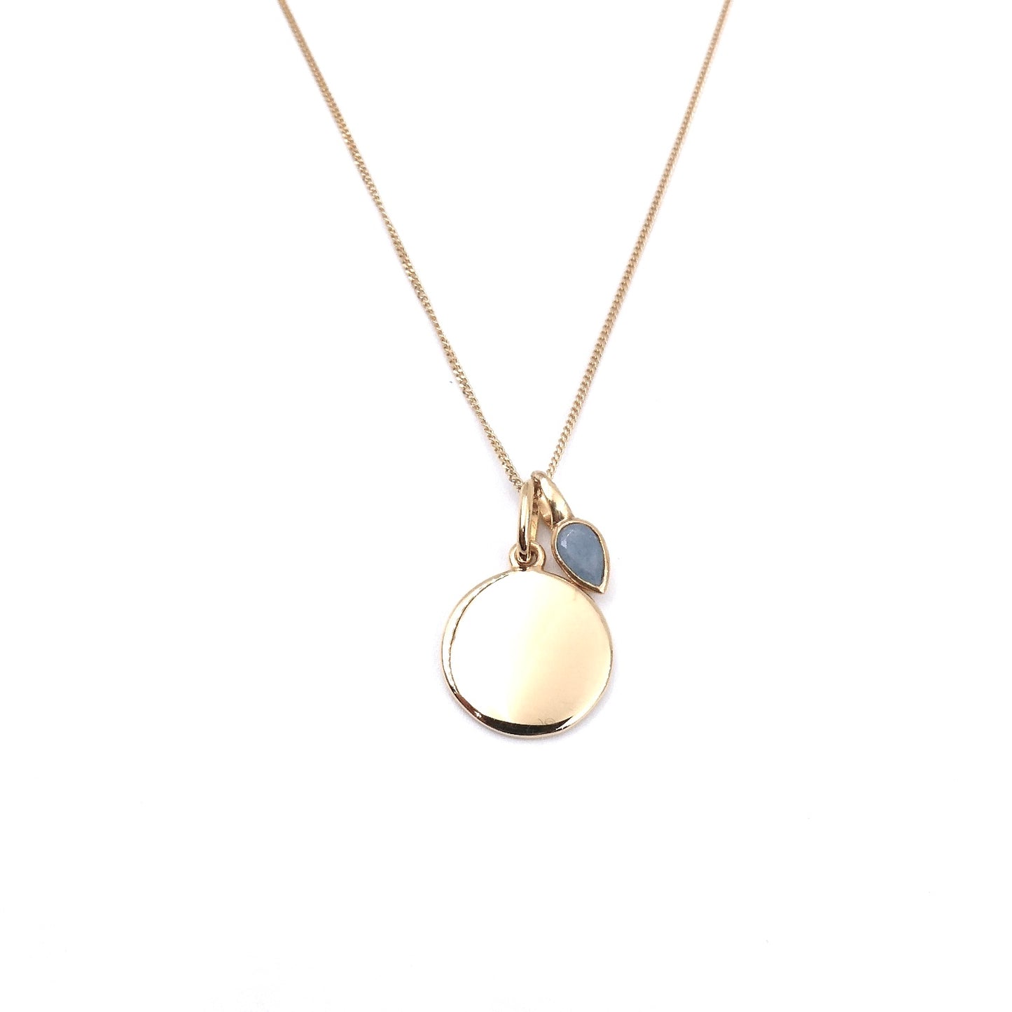 Gold Disc Pendant with an Aquamarine charm for a March Birthday