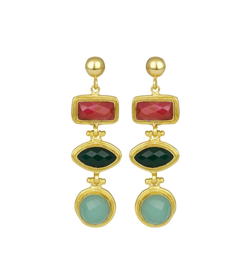 Inana Ruby, Emerald and Aqua Chalcedony Drop Earrings