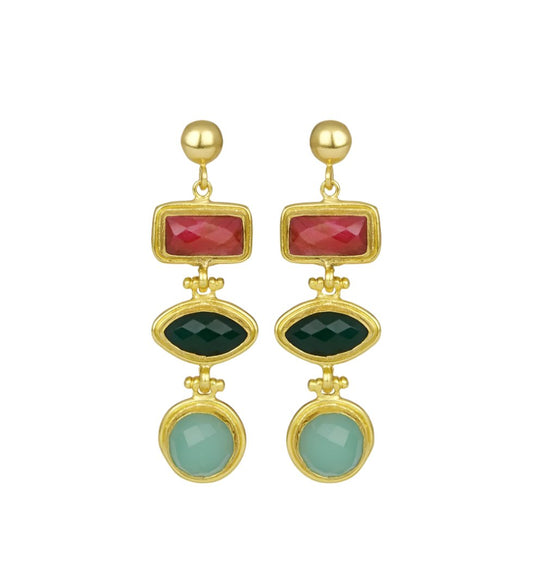 Inana Ruby, Emerald and Aqua Chalcedony Drop Earrings