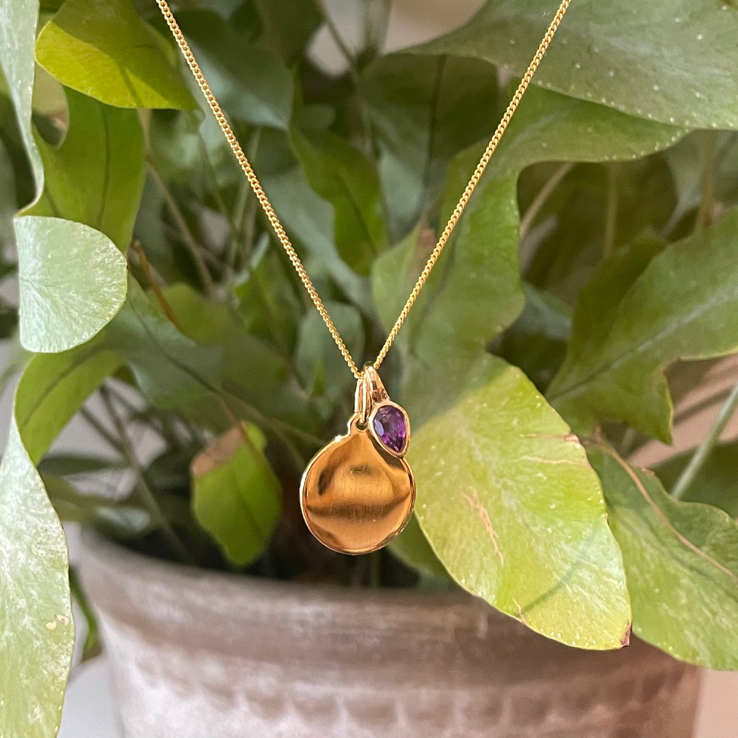 Gold Disc Pendant with an Amethyst charm for a February Birthday