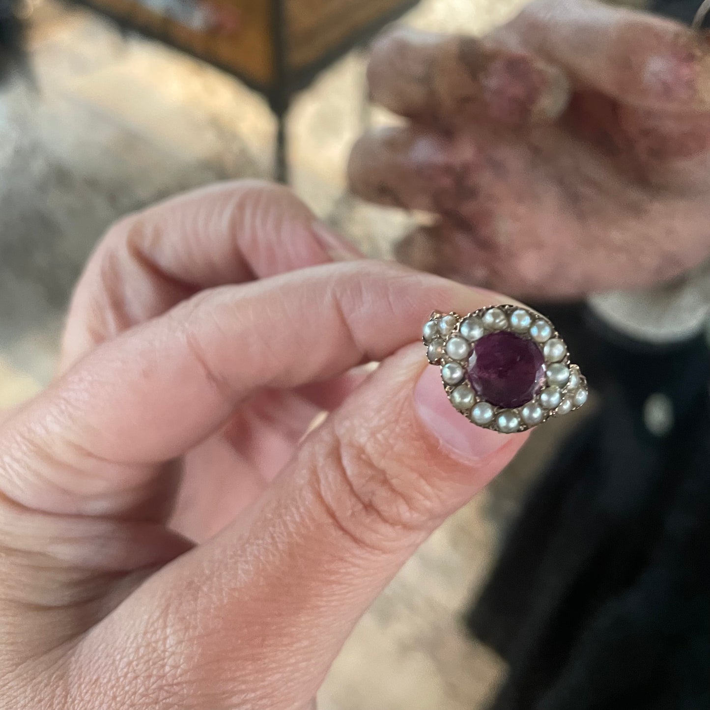 Antique garnet and pearl cluster Ring, Hallmarked Chester 1911.